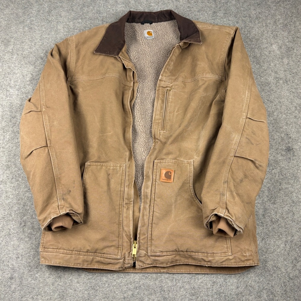 Carhartt Sherpa Lined Duck Jacket Mens Large Tall Brown Canvas Workwear Coat - Picture 1 of 15